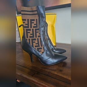 Fendi Black Leather Pointed-Toe Sock Boot with Brown Logo Knit